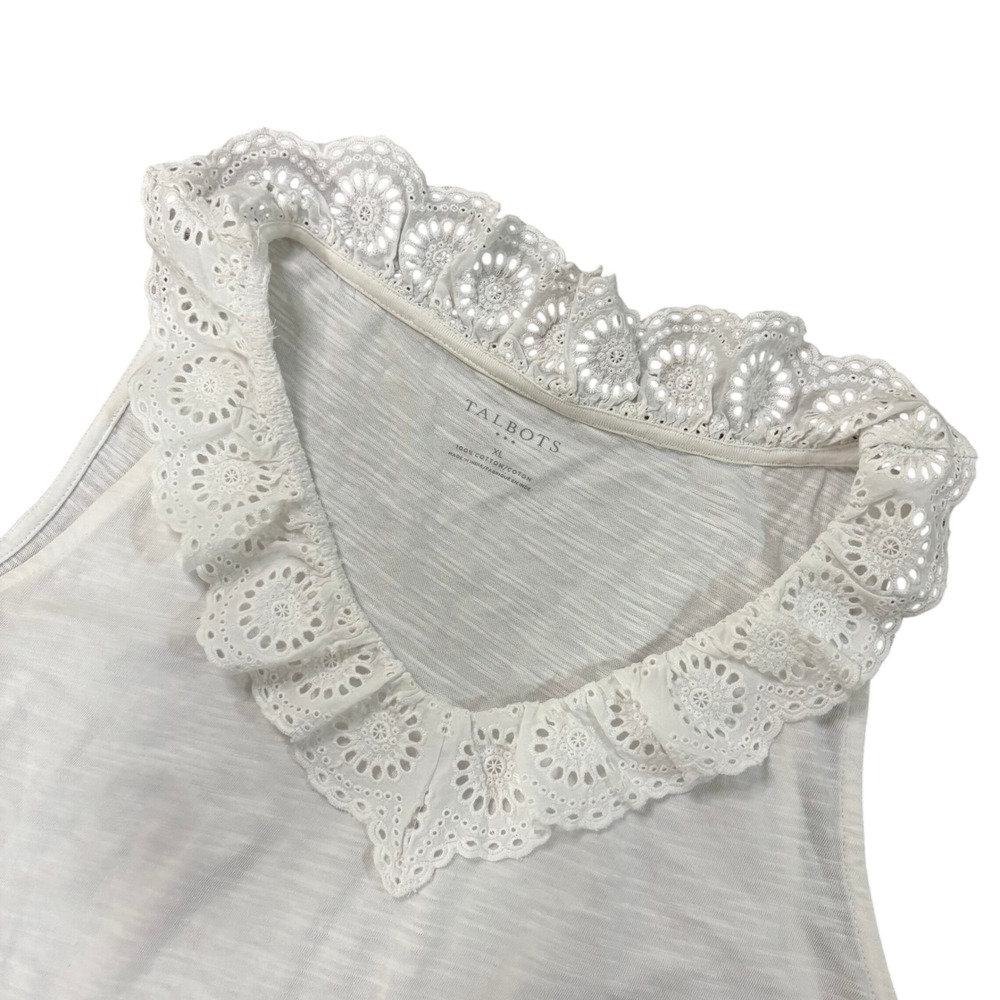 TALBOTS Tank Top Womens XL White Cotton Slub Eyelet Lace Ruffle Collar Stain